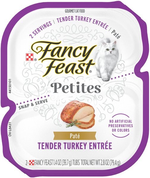 Purina Fancy Feast Gourmet Pate Wet Cat Food， Petites Tender Turkey Entree， 2.8-oz tub， case of 12， 12 count