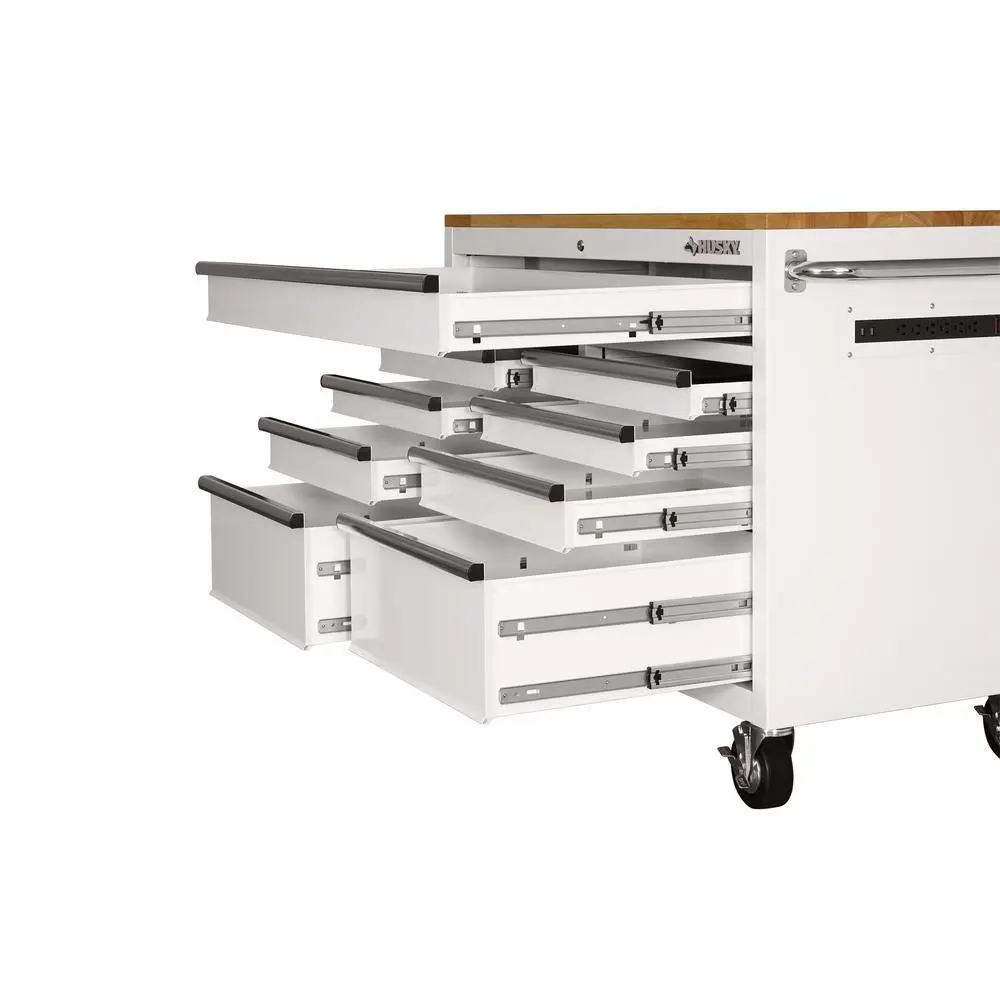 CZHusky 46 in. W x 51 in. D Standard Duty 9-Drawer Mobile Workbench with Solid Top Full Length Extension Table in Gloss White