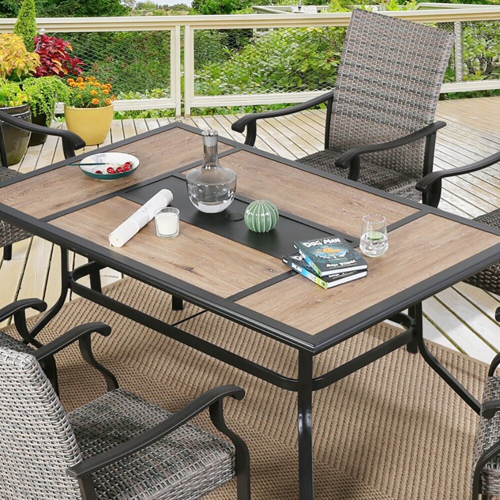 Patio Dining Table with Umbrella Hole and Wood Look Table Top