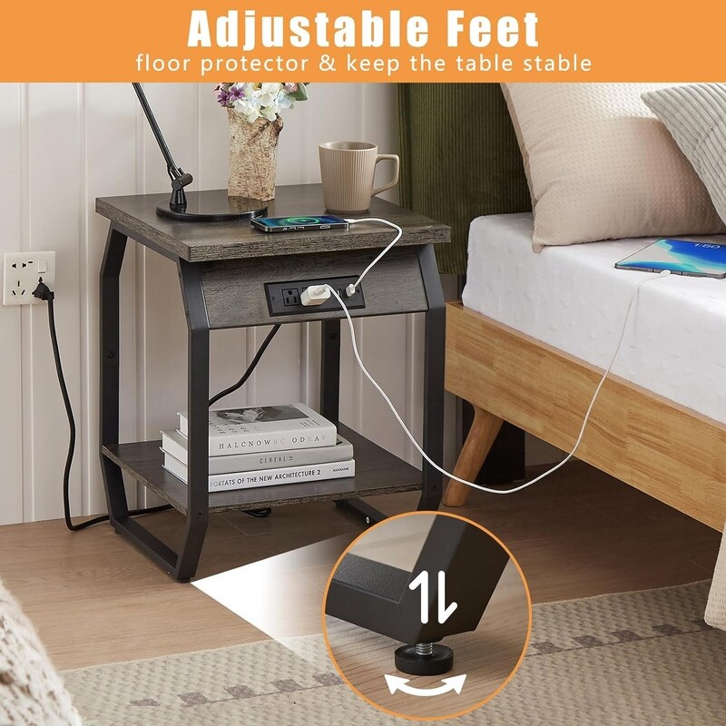 Nightstand with Charging Station Set of 2 Side Table with USB Ports