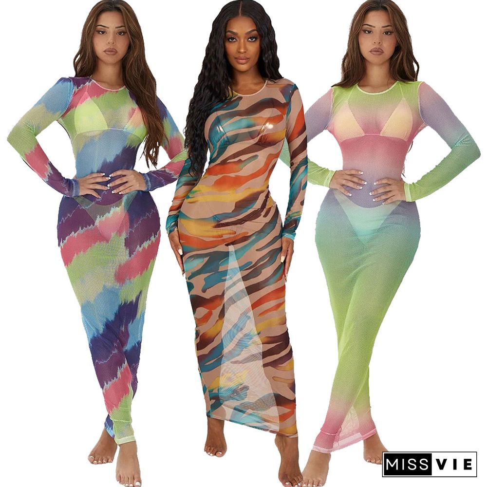 Mesh Print Long Sleeve Maxi Dresses