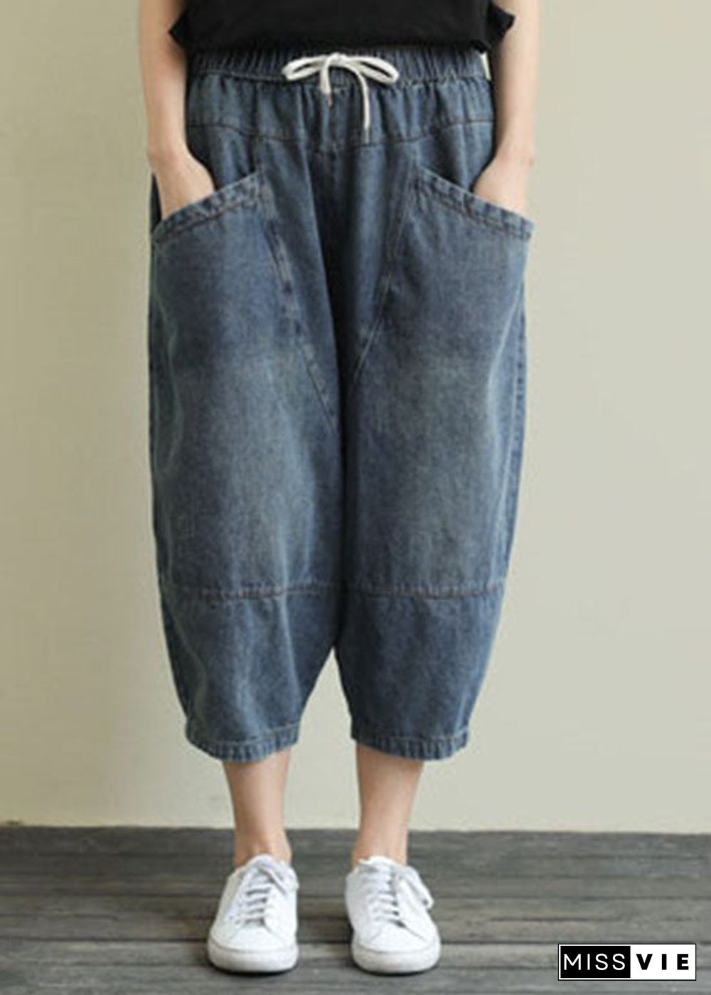 French Light Blue pockets elastic waist Cotton denim Pants Spring