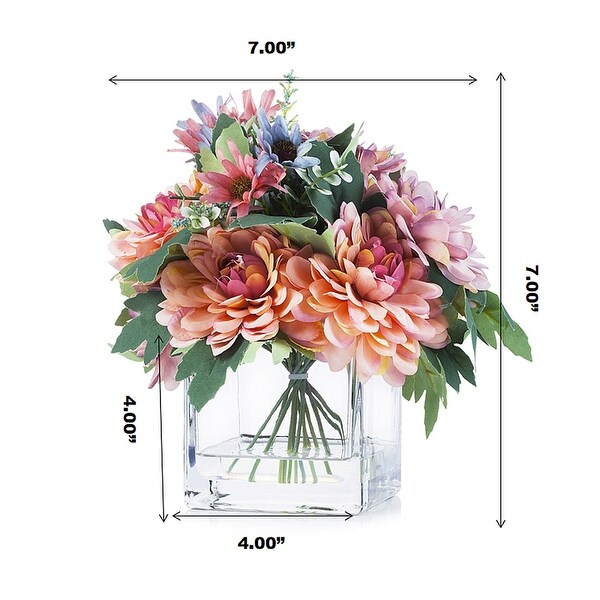 Enova Home Artificial Silk Daisy and Mixed Fake Flowers Arrangement in Clear Glass Vase with Acrylic Water For Home Decoration