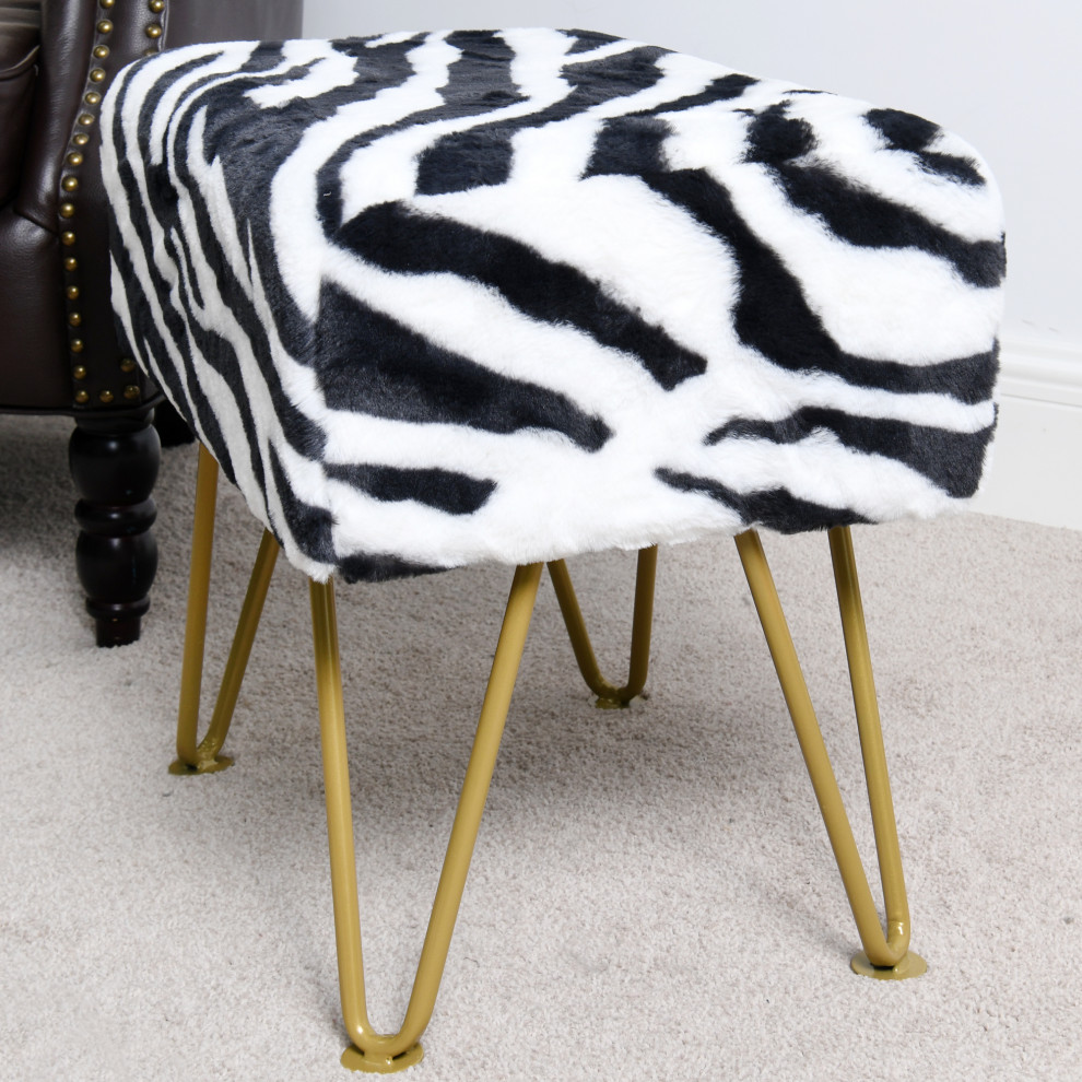 Zebra Faux Fur Ottoman With Gold Legs   Midcentury   Footstools And Ottomans   by BNF Home  Houzz