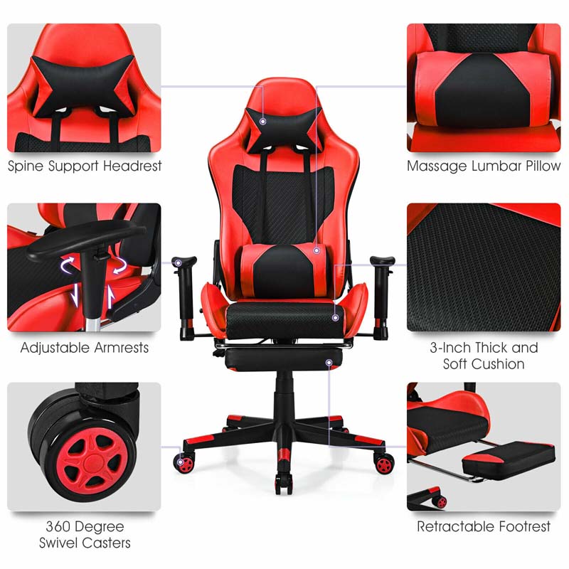 High Back E-Sport Massage Gaming Chair with Footrest & Headrest, Ergonomic PU Leather Gaming Seat, Video Game Chair Computer Chair