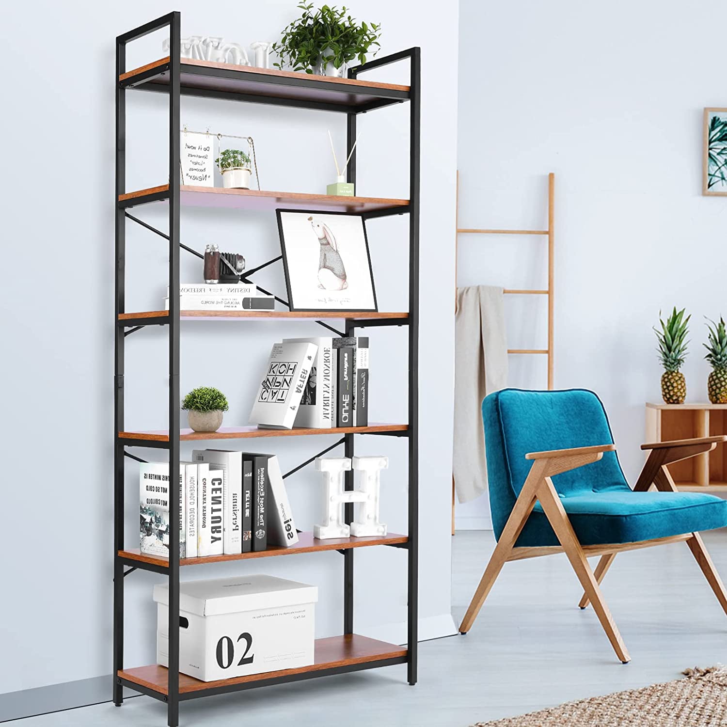 6 Tier Bookshelf Industrial Book Shelves Wall Storage Organizer Wooden Bookcase, Adjustable Metal Wood Shelving Unit Rack with Feet Pad for Home Office Kitchen Bathroom Study Room