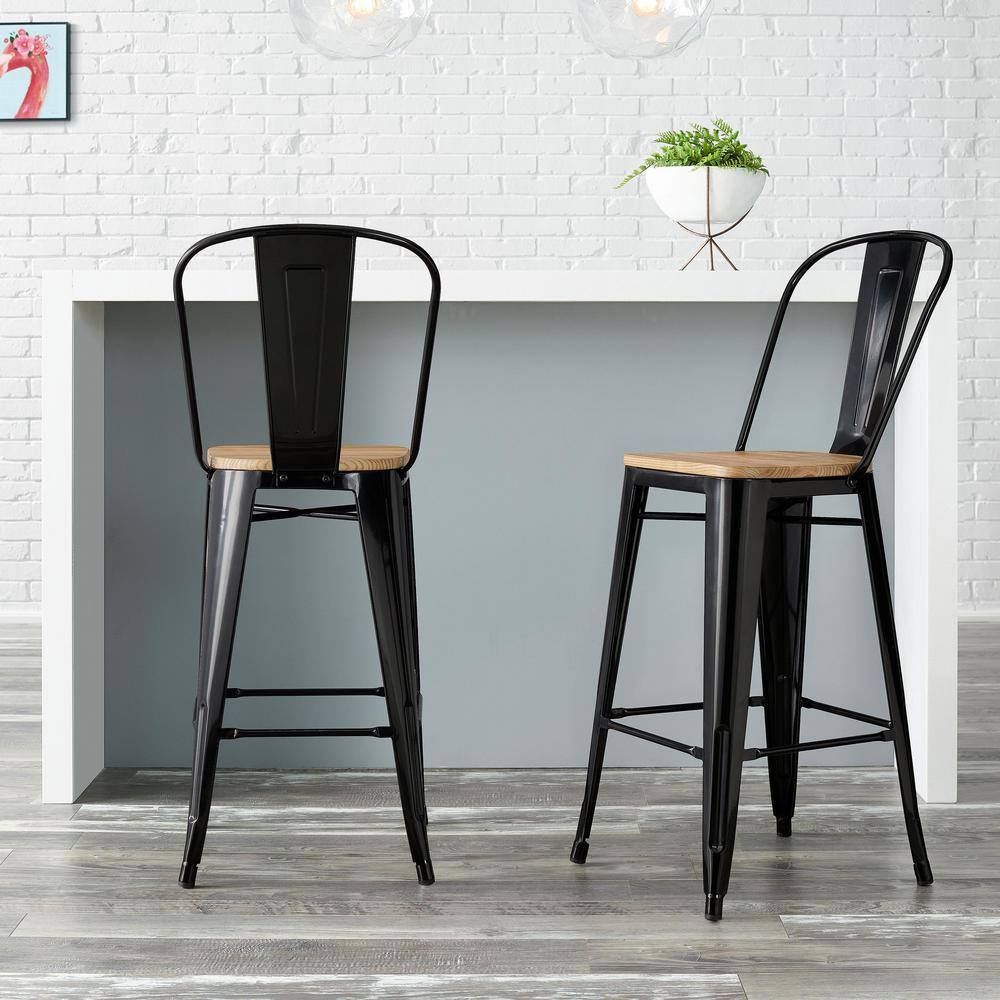 StyleWell Finwick Black Metal Backed Bar Stool with Natural Wood Seat (Set of 2) CW827A-29-BLK