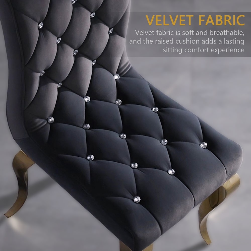 Luxury Gray Velvet Tufted Upholstered Dining Chairs with Polished Gold Cabriole Legs