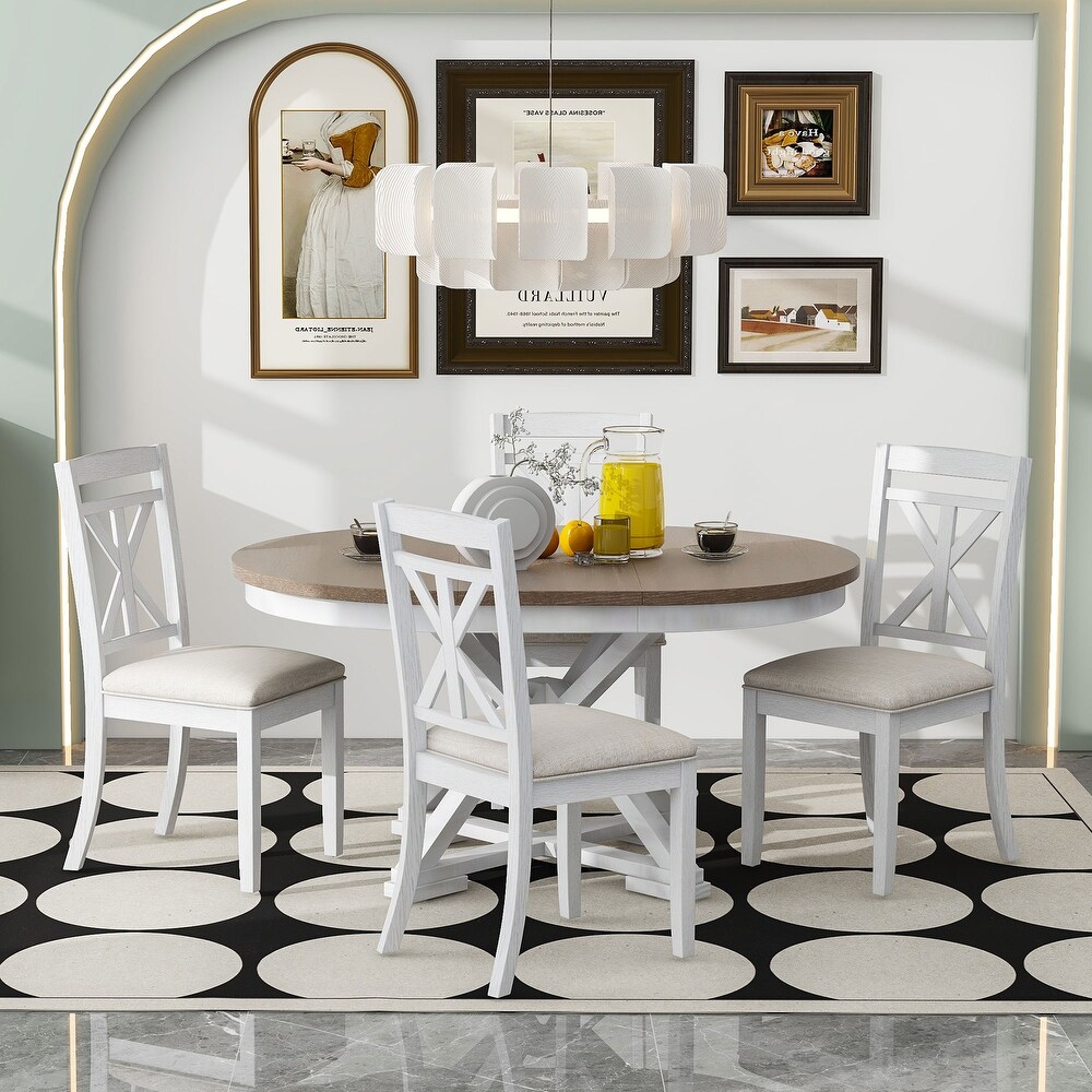 5 Piece Oval Extendable Dining Table Set with Upholstered Chairs White