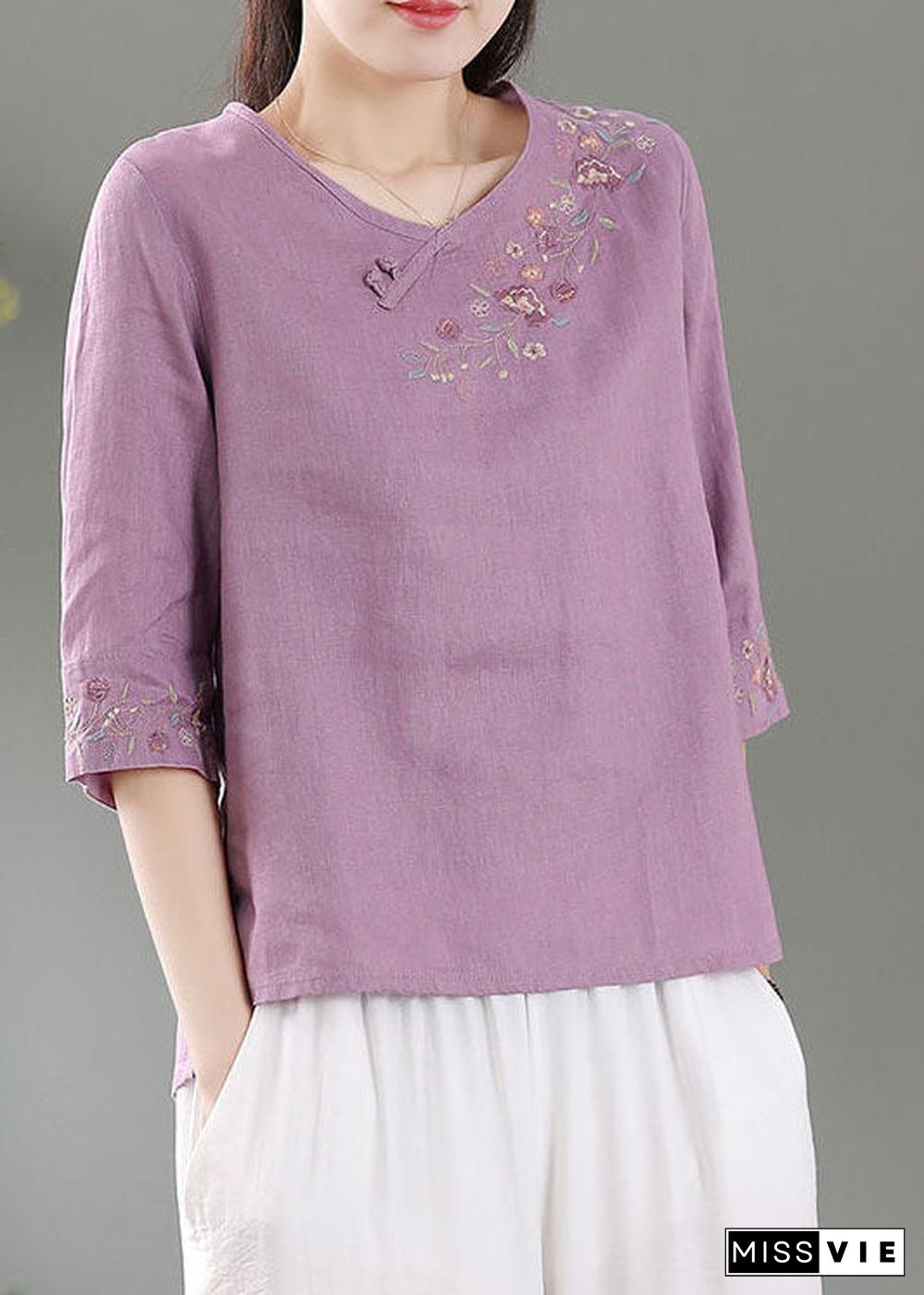 Purple Patchwork Linen Shirt Top O-Neck Embroideried Three Quarter sleeve