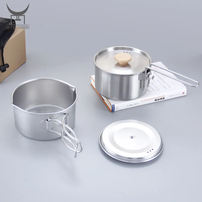 304 Stainless steel camping travel cooking pots with foldable handle hiking cooker portable outdoor pot with lid set