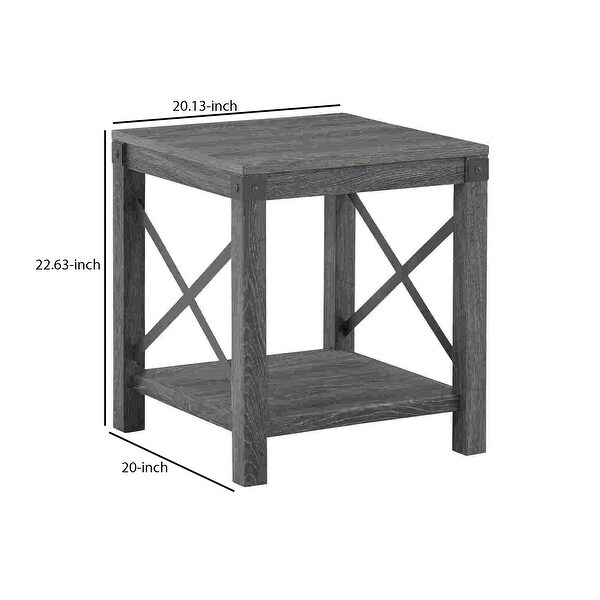 End Table with X Metal Accent and Grain Details， Gray