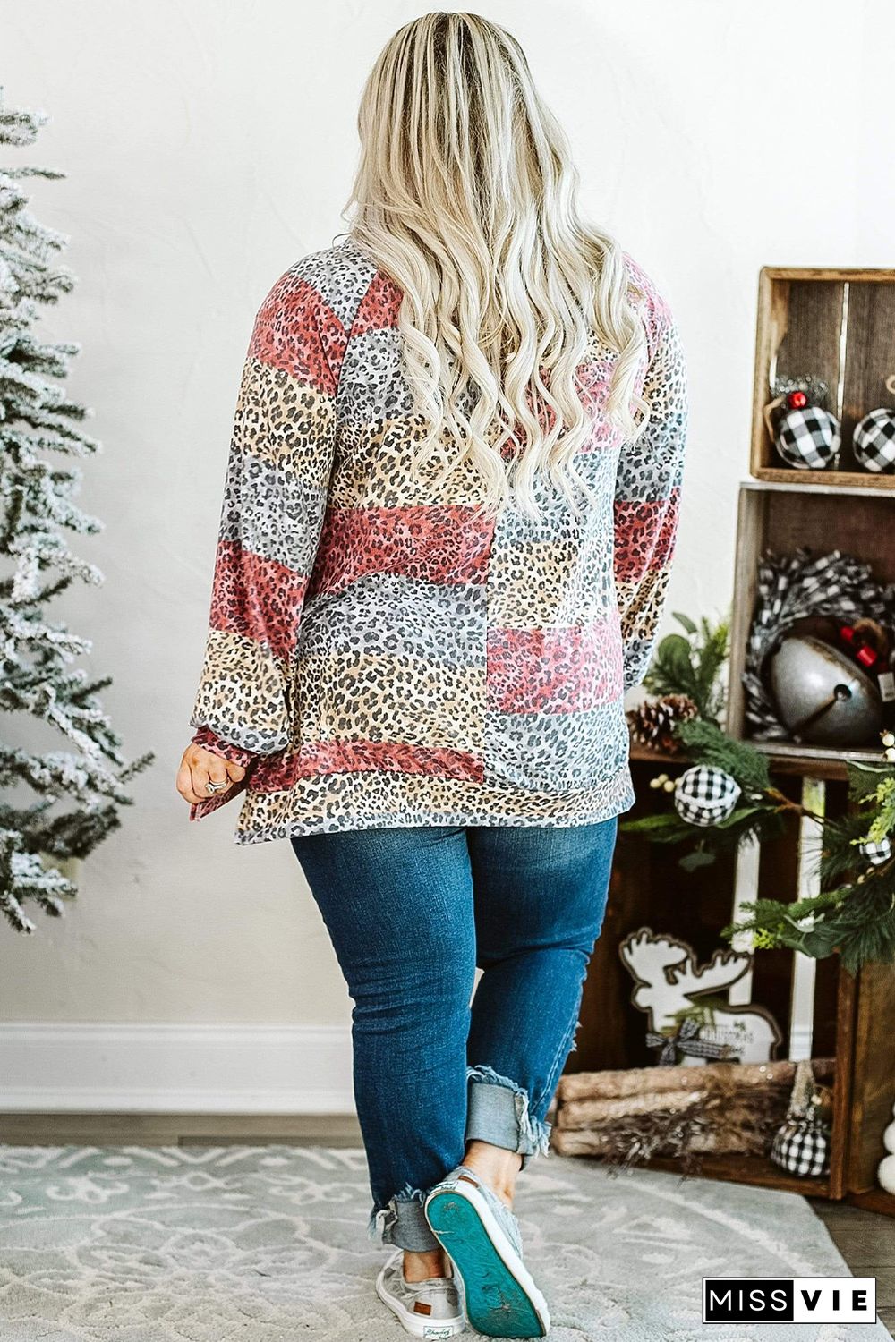 Plus Size Leopard Pullover Long Sleeve Top