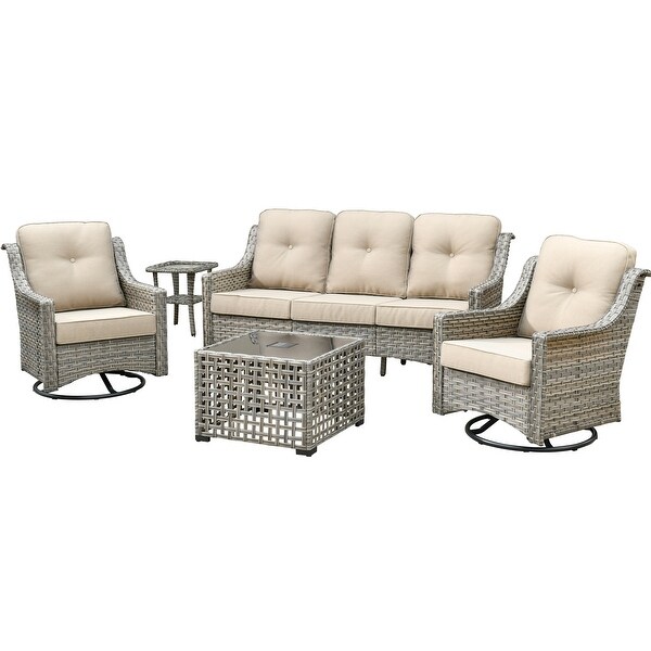 HOOOWOOO 5piece Patio Wicker Furniture Conversation Set with Swivel Chair and Coffee Table