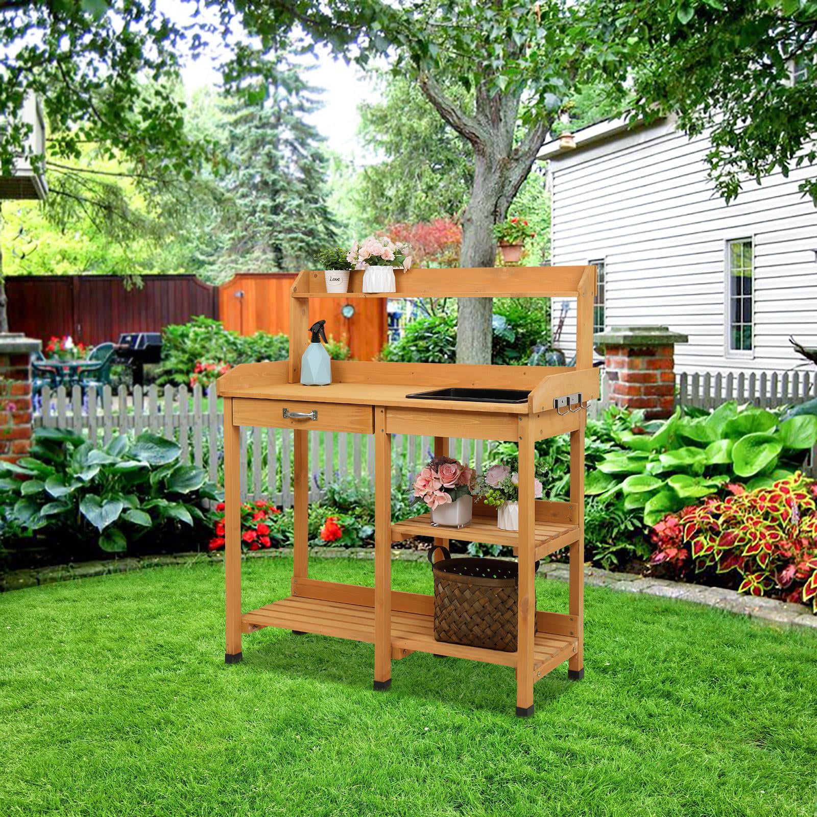 Zimtown Beige Fir Potting Bench Garden Workbench w/ Drawers and Sink