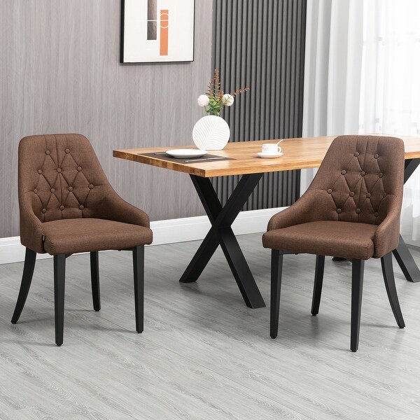 HOMCOM Modern Dining Chairs Set of 2， Button Tufted High Back Side Chairs with Upholstered Seat， Steel Legs， Brown