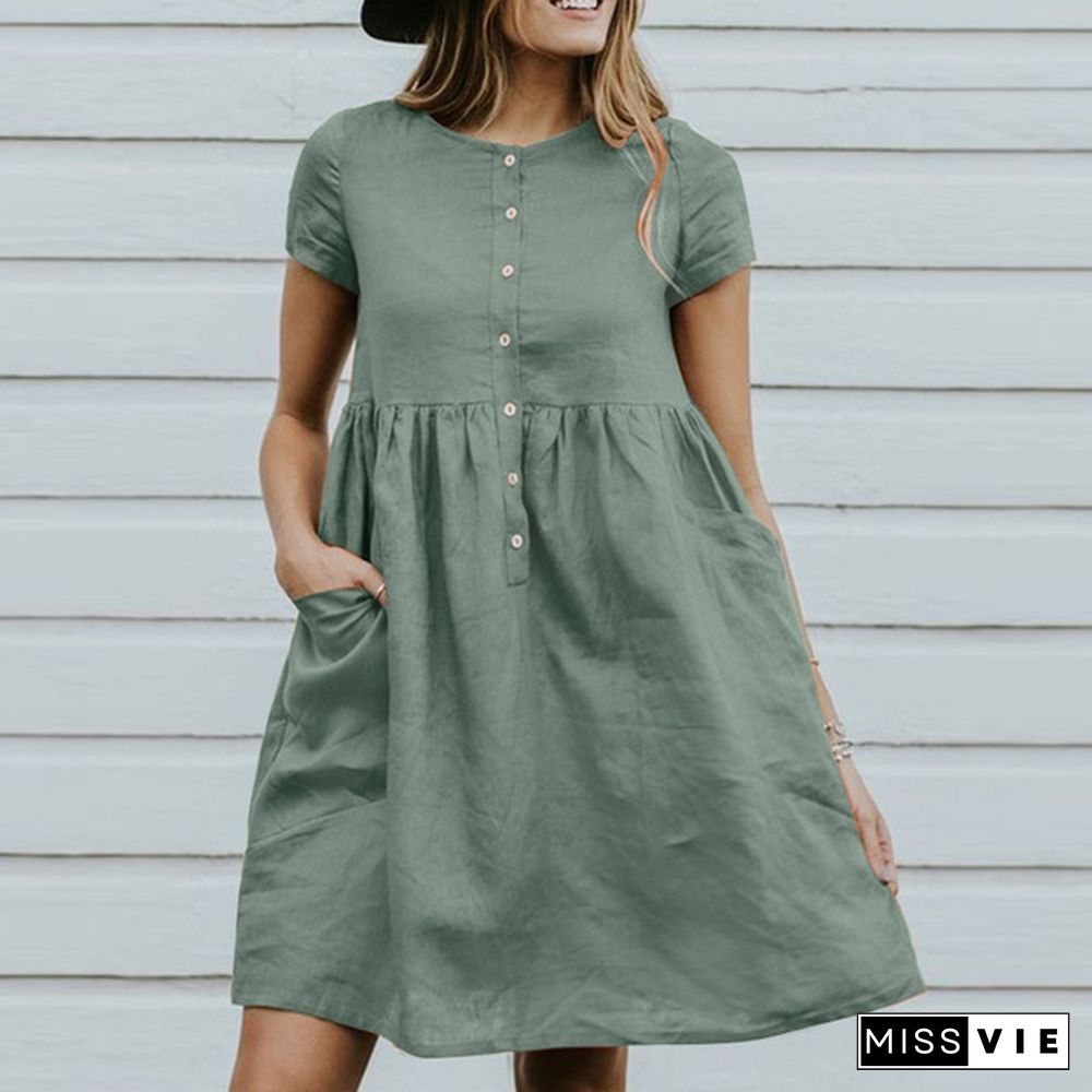 Summer Women Sundress Cotton Round Neck Loose Plain Plus Size Holiday Short Shirt Dress