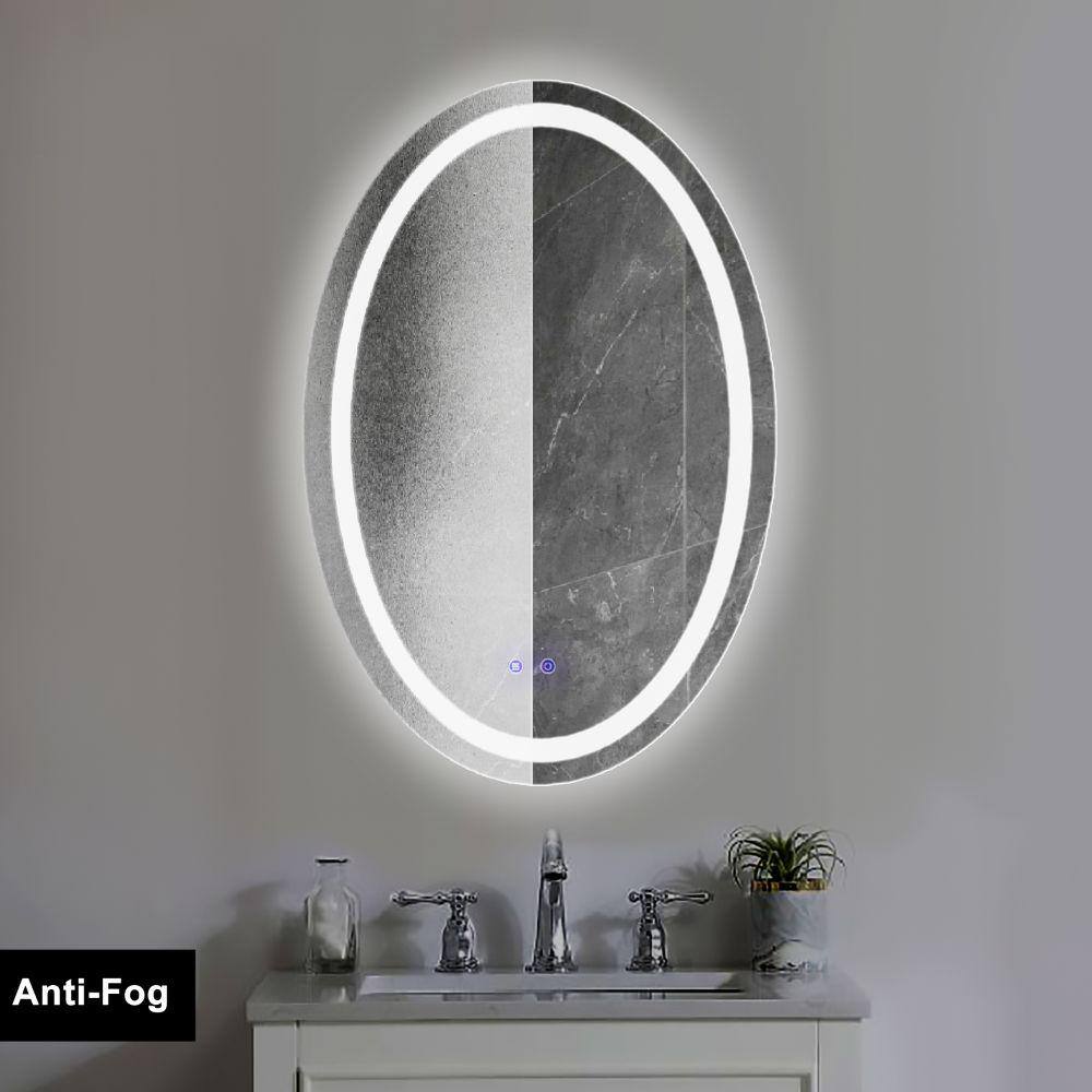 The Urban Port 24 x 36 in. Silver Metal Touch Button Defogger Frosted Edge Oval Frameless LED Illuminated Bathroom Mirror UPT-266402