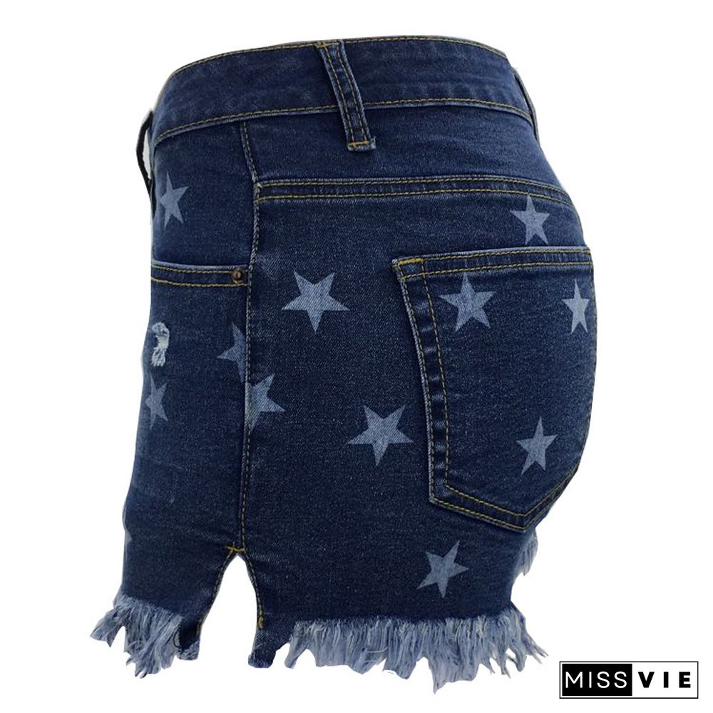 Dark Blue Star Print Shorts Jeans with Tassel