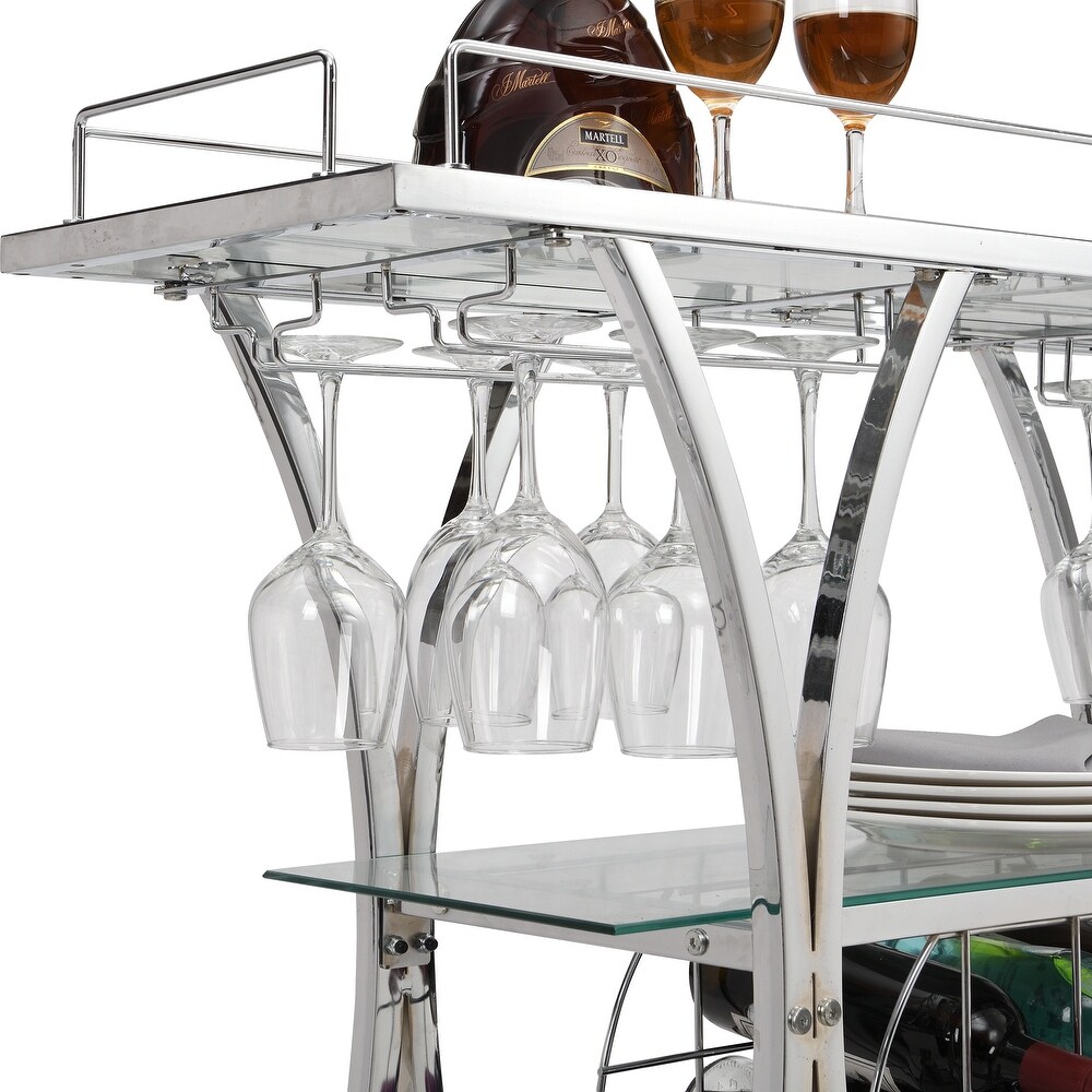 Contemporary Chrome Bar Cart with Wine Rack Silver