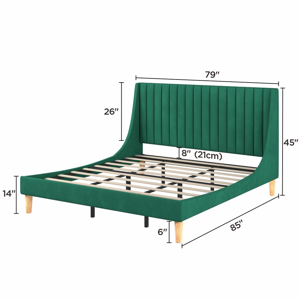 Clutter Free King Platform Bed Frame Wingback Upholstered Bed   Green