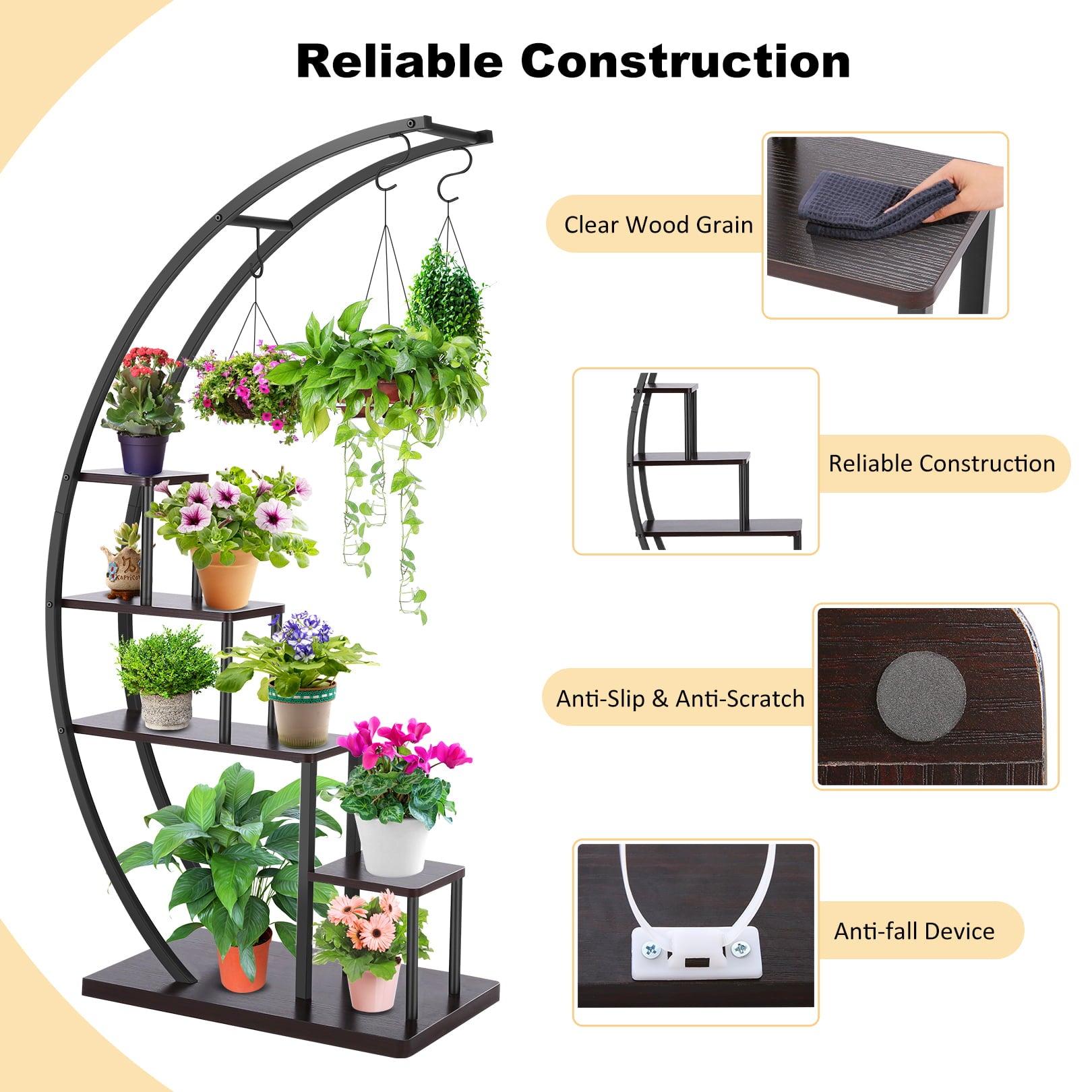 SEJOV 5 Tier Plant Stand for Indoor Plants, Half Moon Shape Plant Shelf with Hanging Hook, Multiple Planter Display for Home Decor, Living Room, Balcony, and Bedroom