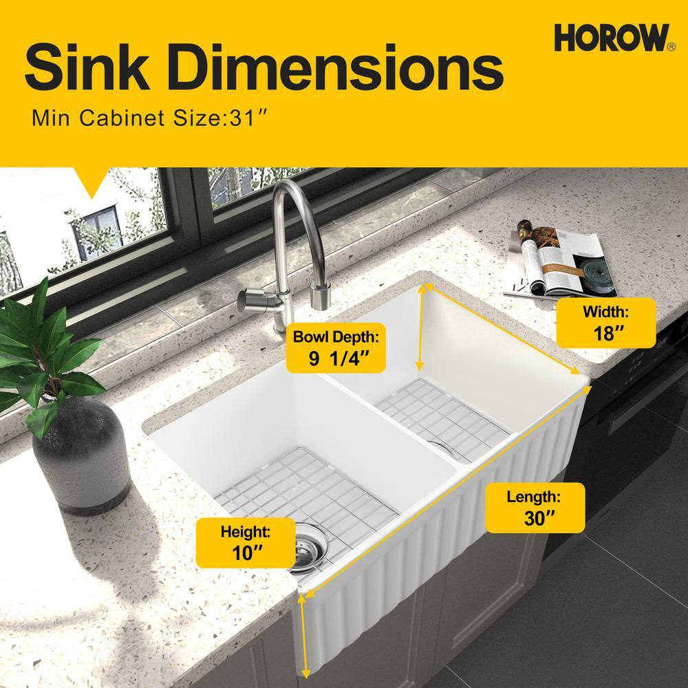 HOROW White Fireclay 33 in. Double Bowl Farmhouse Apron Kitchen Sink Workstation Kitchen Sink with Bottom Grid HR-F3318D