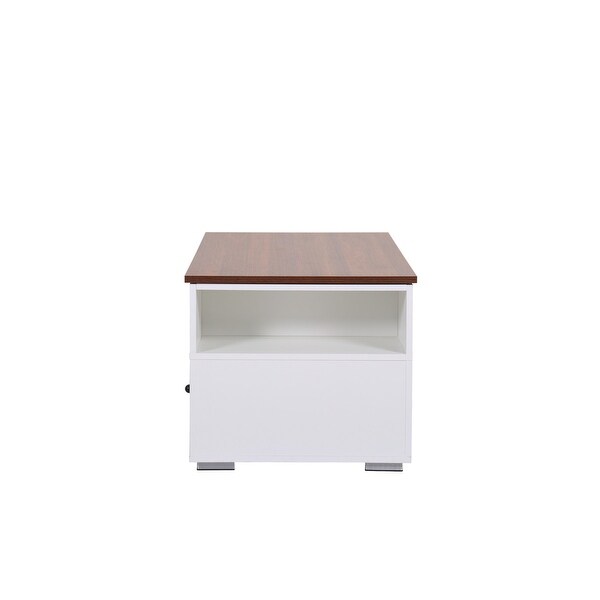 Luna White Coffee Table with Brown Walnut Finish Lift Top， 2 Drawers， and 2 Shelves