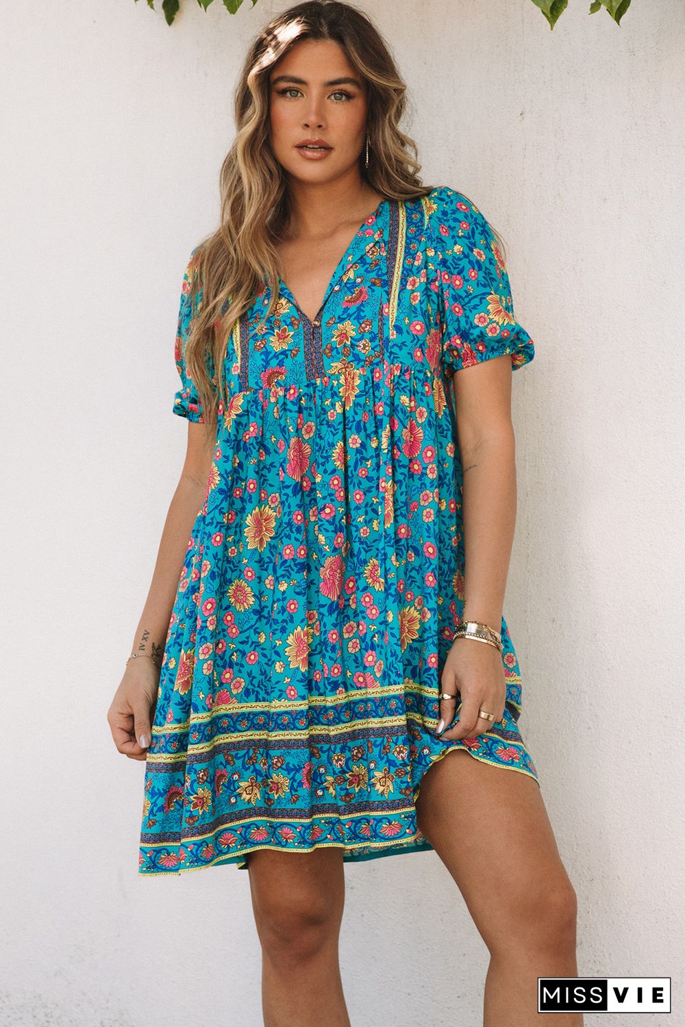 Blue Floral Print Empire Waist Flowy Dress