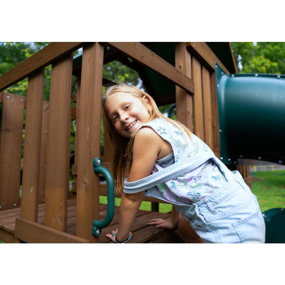 Swing-N-Slide Playsets Tellico Terrace Ready-To-Assemble Wooden Outdoor Playset with 2 slides Rock Wall Tarp Roof and Swing Set Accessories WS 8359