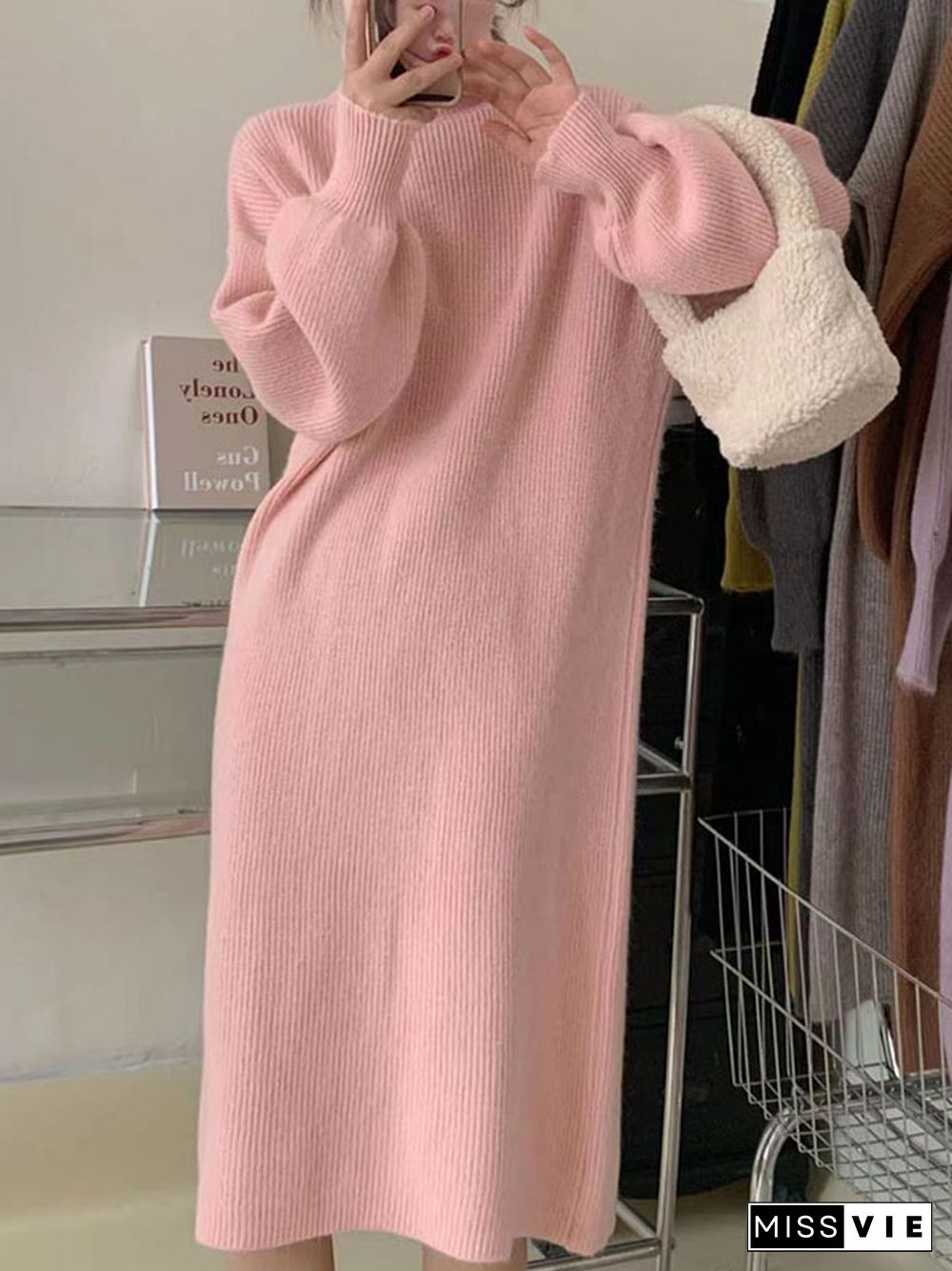 Long Sleeves Loose Solid Color High Neck Midi Dresses Sweater Dresses