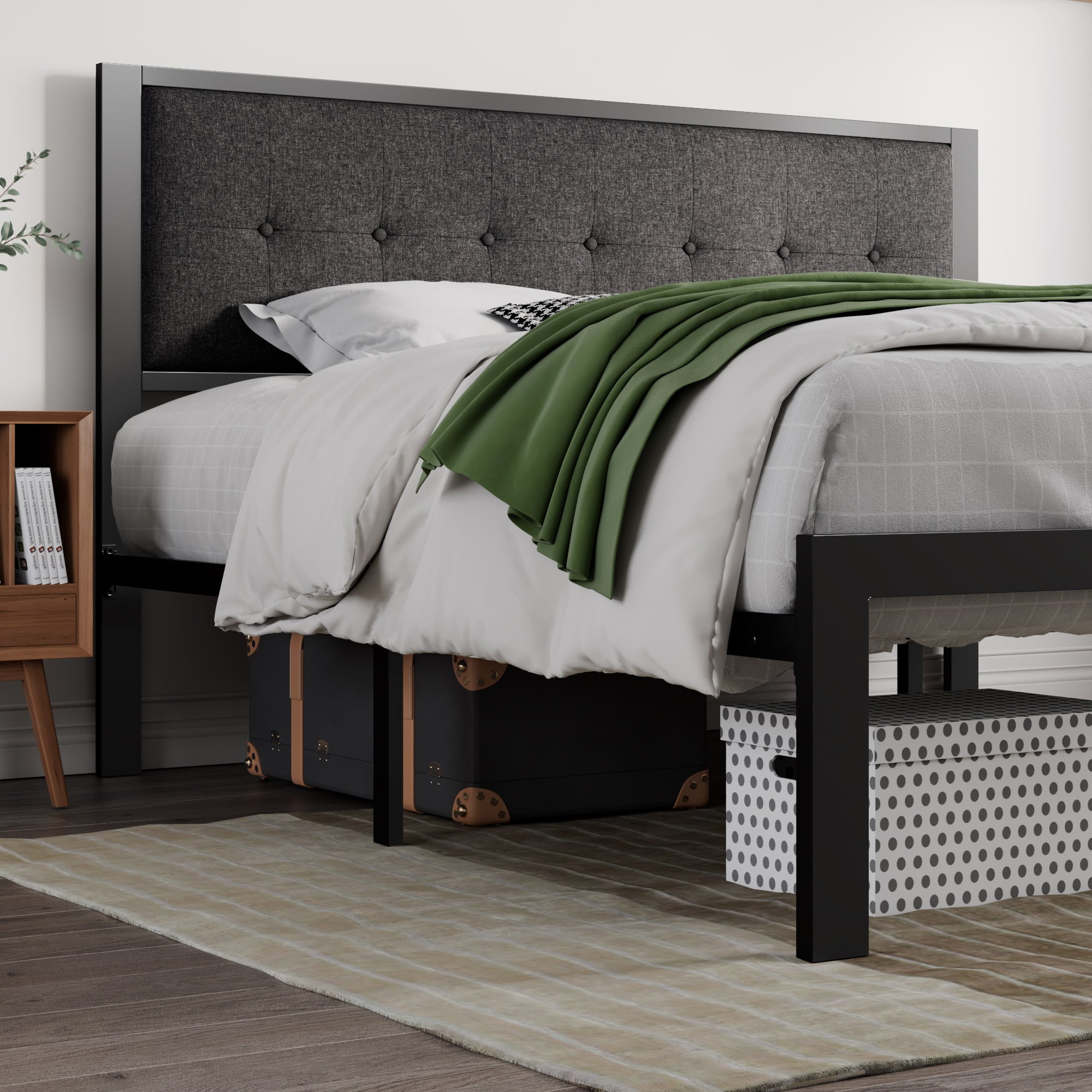 SHA CERLIN King Metal Platform Bed with Fabric Upholstered Button Tufted Headboard, Dark Grey