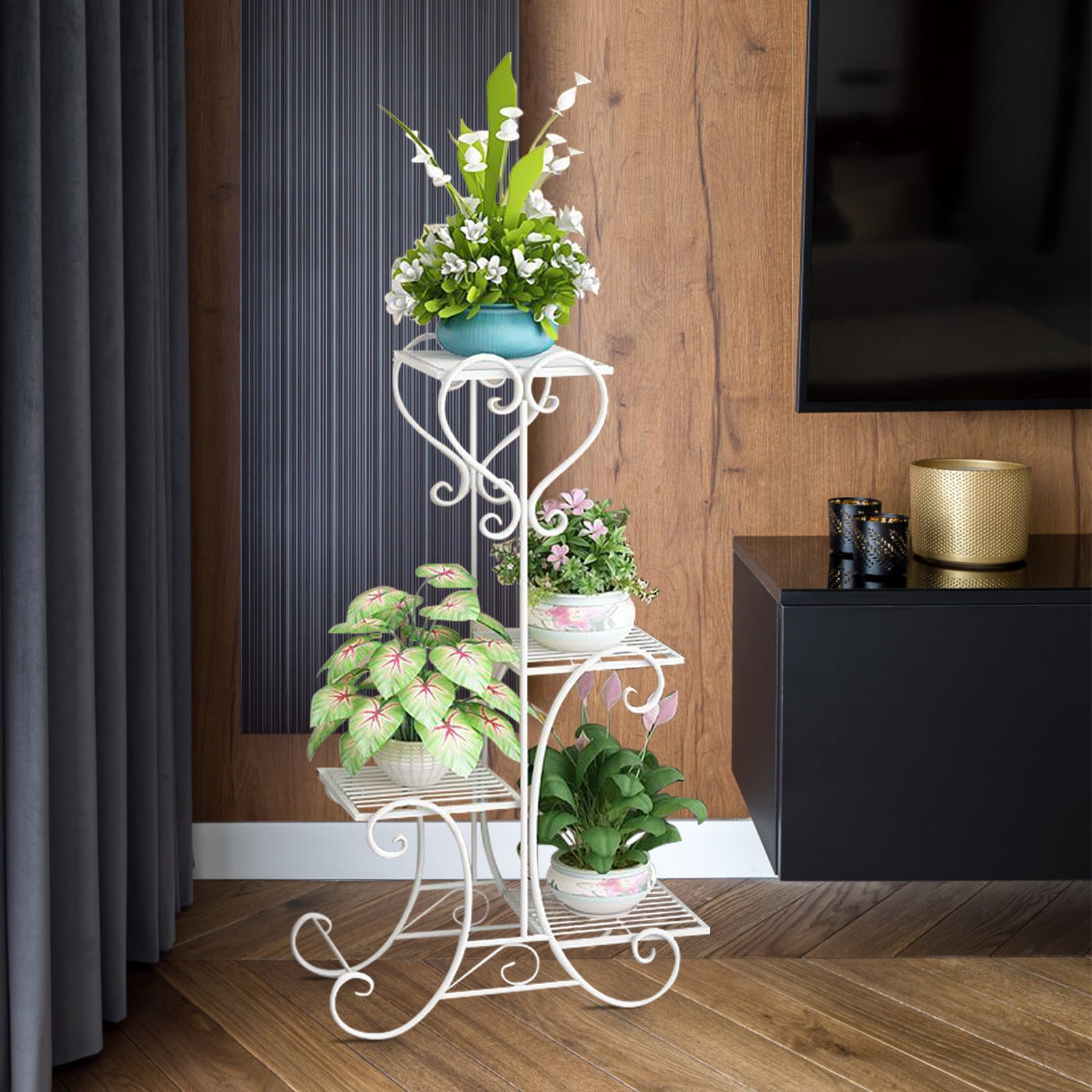 Metal Plant Stand Flowers Rack 4 Tier 4 PotsTall Corner Plant Shelf Vertical Flower Pot Holder Planter Stands Shelves for Outdoor Indoor Patio, Garden, Living Room, Balcony (White)