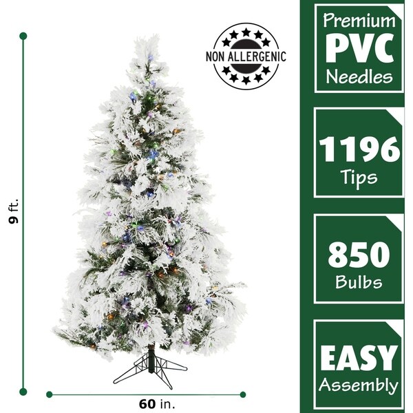 Fraser Hill Farm 9foot Flocked Snowy Pine Christmas Tree with Multicolor LED String Lighting