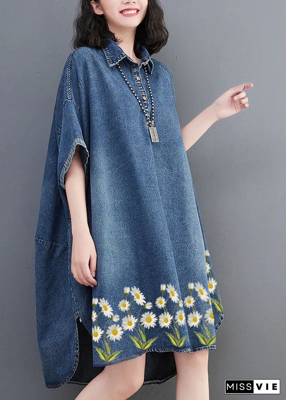 Loose Blue-little flower Button Side Open Maxi Denim Dress Summer