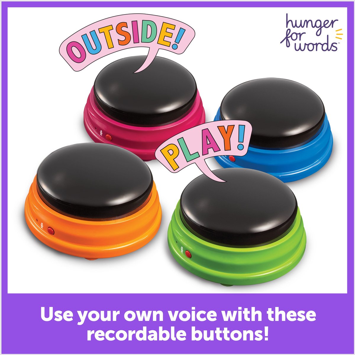 Hunger for Words Talking Pet Buttons Starter Set – 4 pack Recordable Buttons for Dog Communication