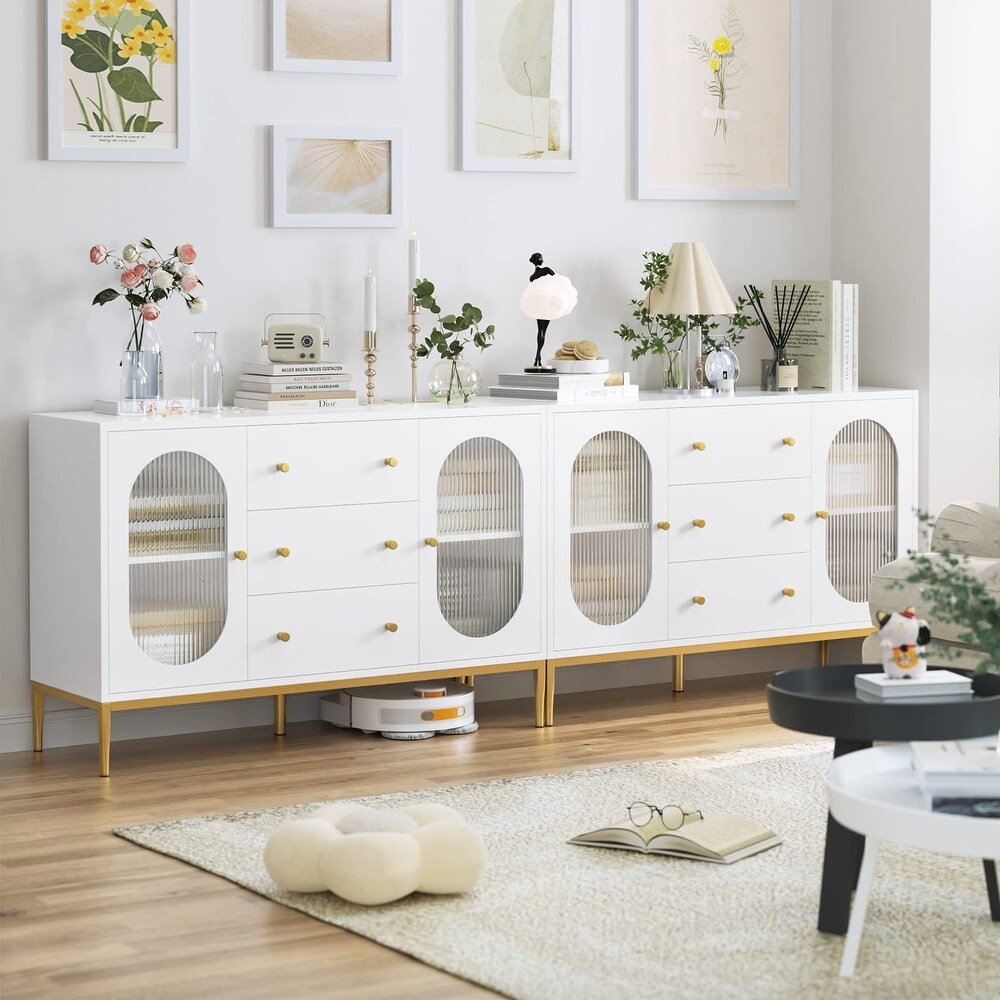 Dresser  Large White Dresser with Fluted Glass Doors and Gold Metal Legs  White Dresser for Bedroom  Modern Dresser Gold Dresser