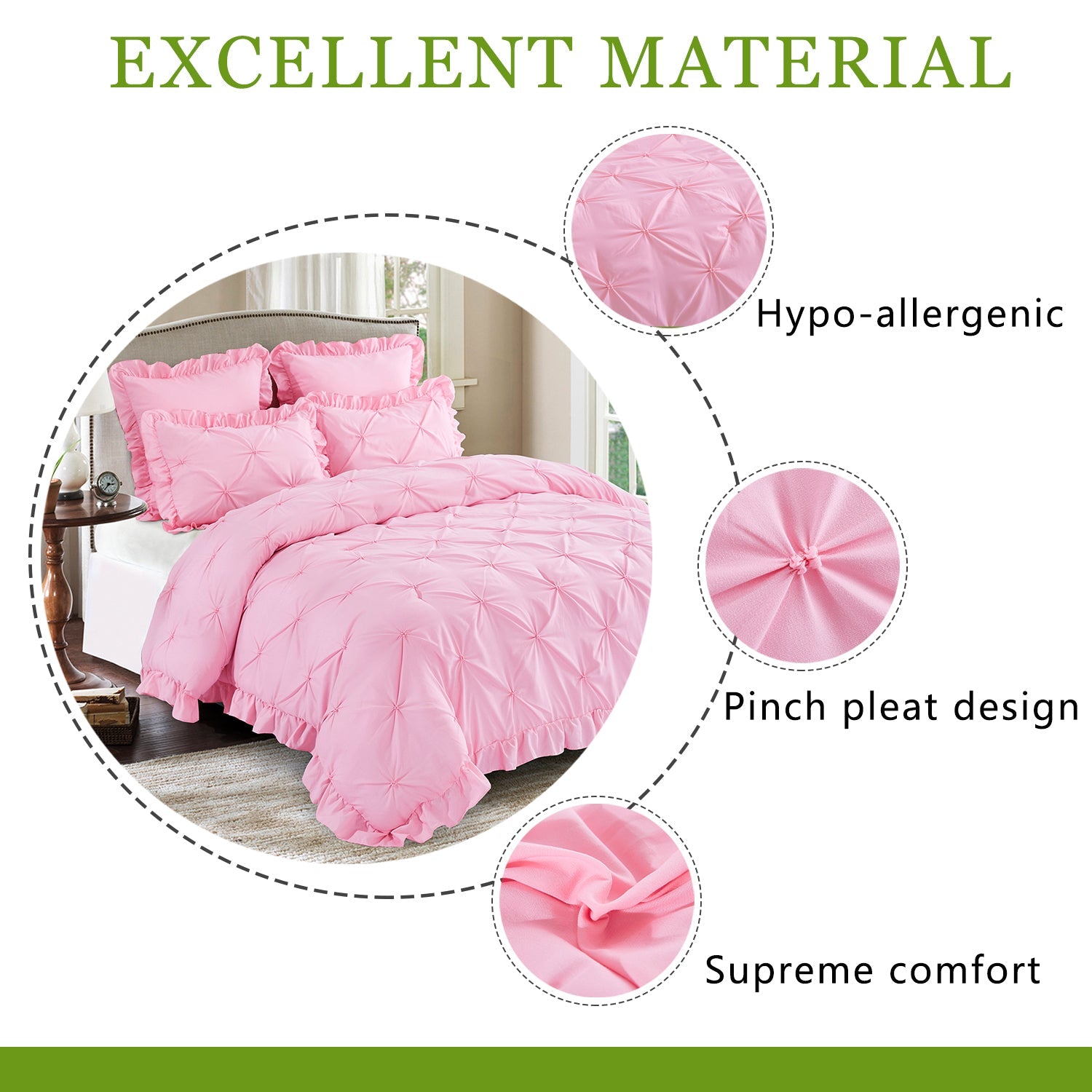 5 Piece Pinch Pleat Scallop Fringe Bedding Embroidered Comforter Set