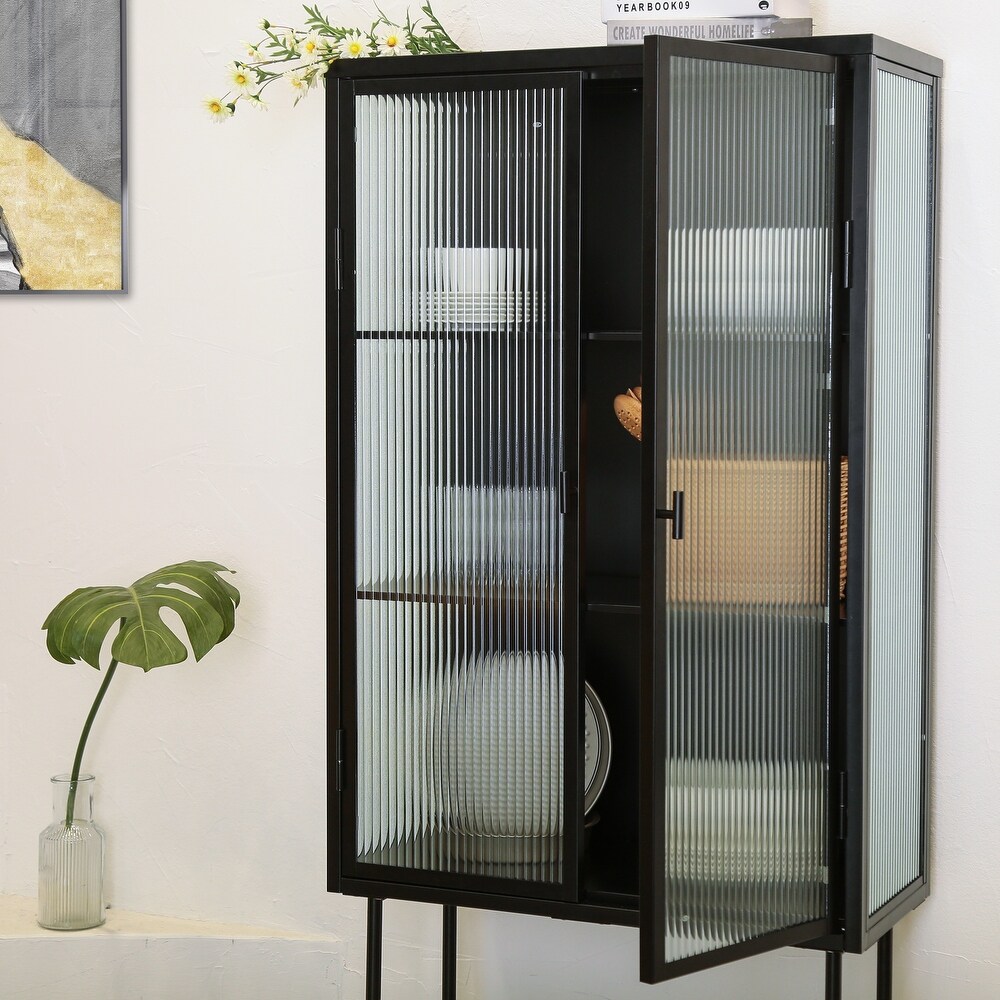 Stylish Freestanding Fluted Glass Storage Cabinet