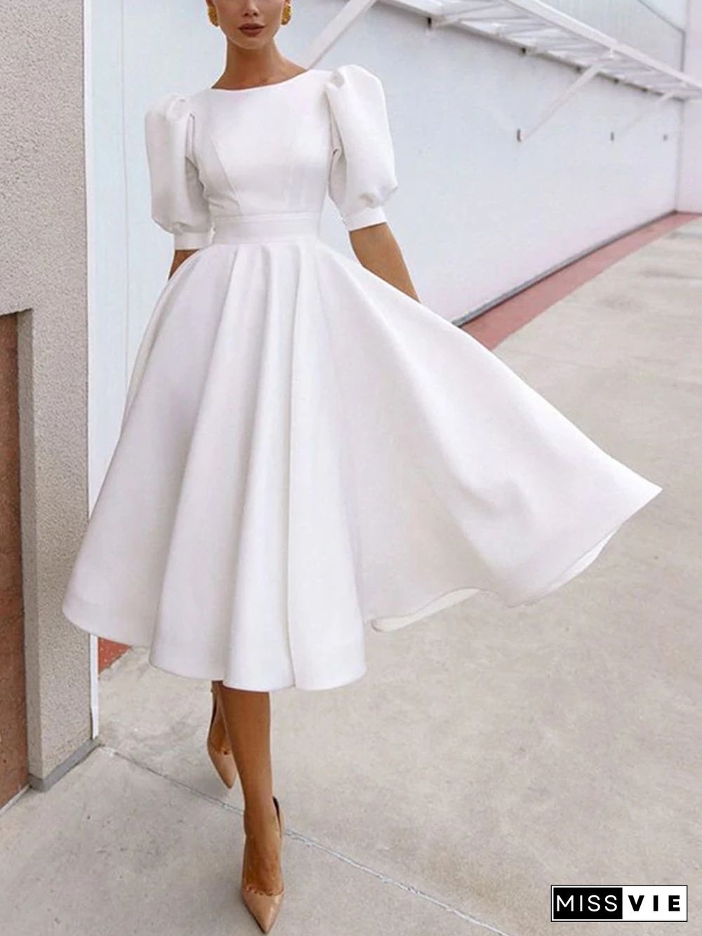 Glam Cutout Back Solid Puff Sleeve Midi dress P12116