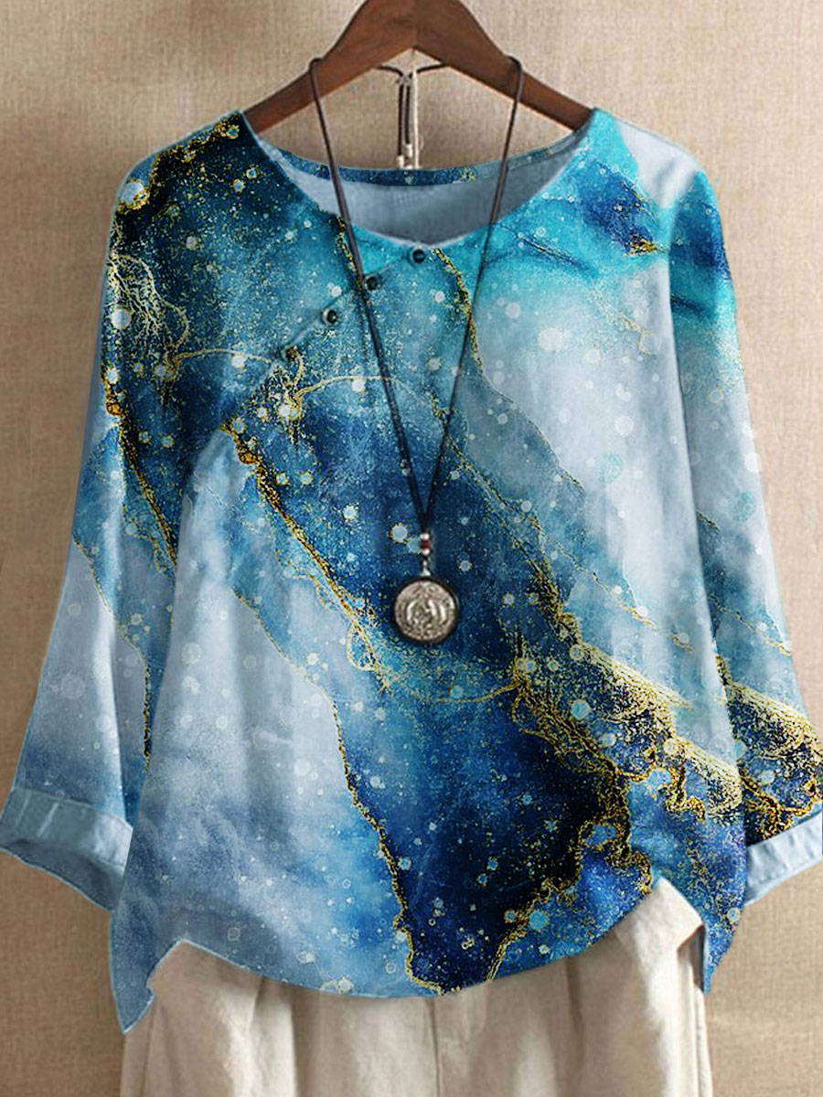 Round Neck Casual Loose Bronze Marble Print Long Sleeve Blouse