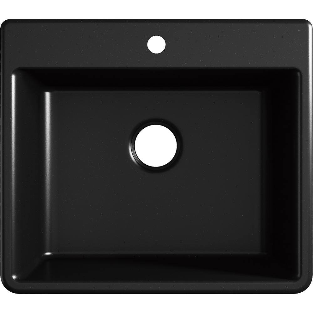 KOHLER Kennon Top-MountUndermount Neoroc Granite Composite 25 in. Single Bowl Kitchen Sink in Matte Black with Basin Rack K-28003-1-CM1