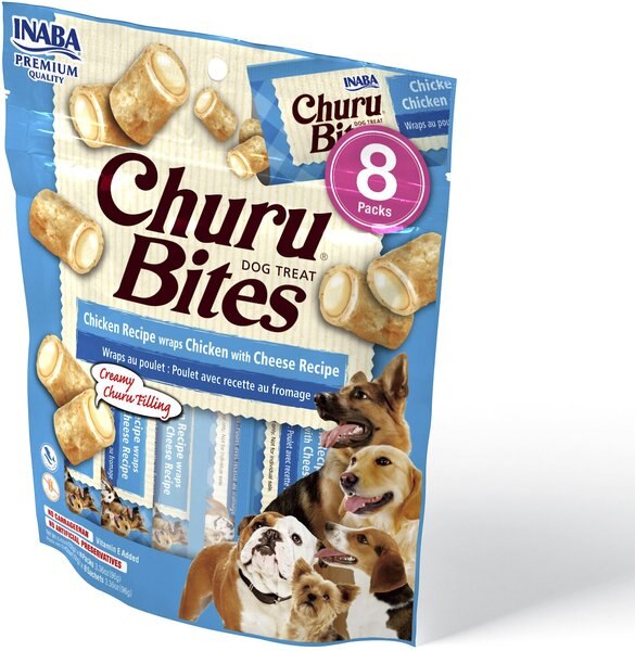 Inaba Churu Bites Wraps Chicken with Cheese Recipe Grain-Free Soft and Chewy Dog Treats， 0.42-oz， pack of 8