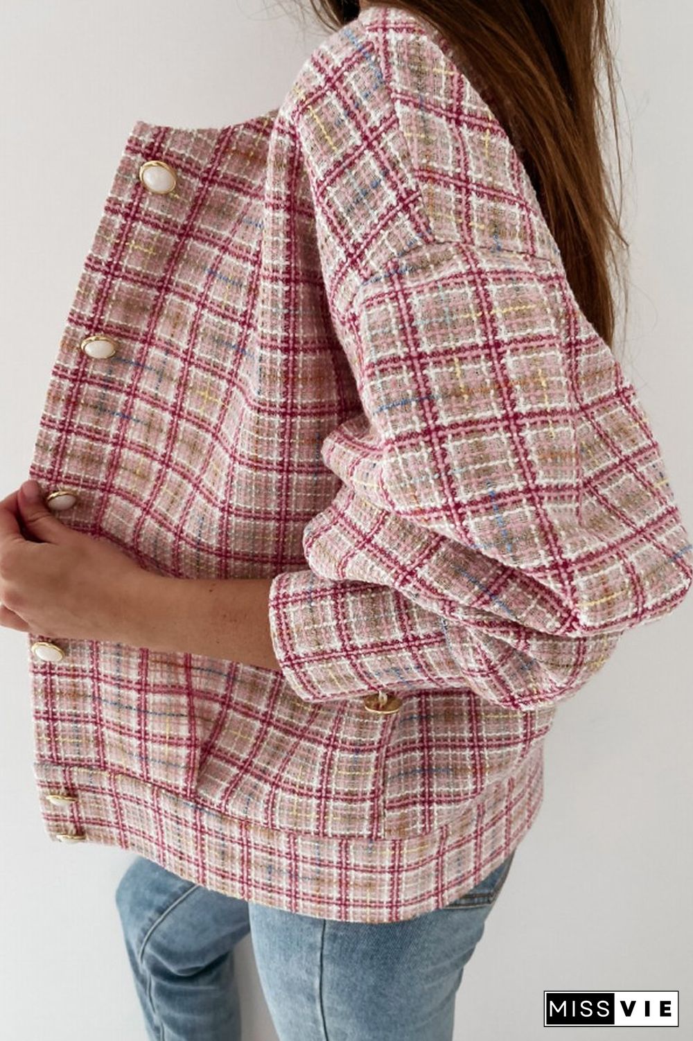 Long Sleeve Plaid Print Short Jacket