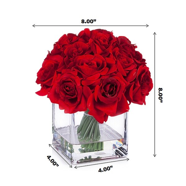 Enova Home Artificial 18 Pieces Fake Roses Silk Flowers Arrangement in Cube Glass Vase for Home Wedding Party Decoration