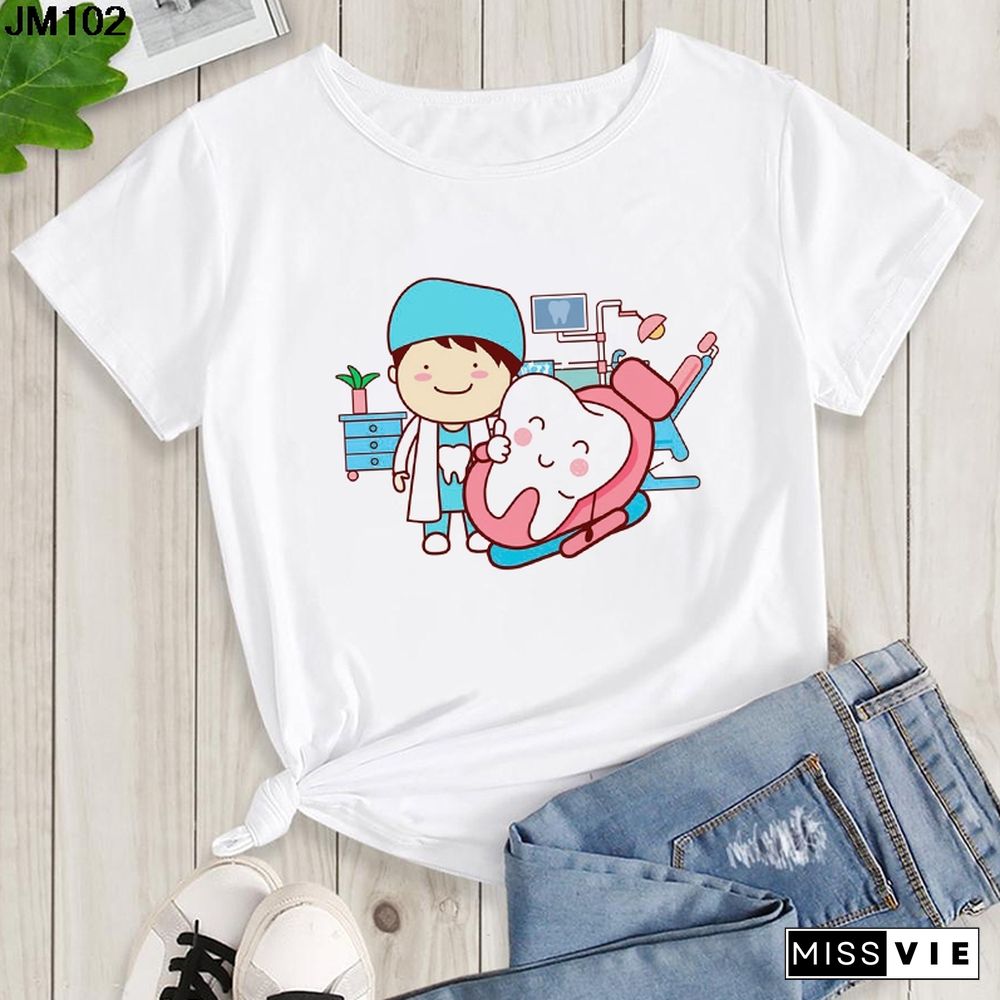 Aesthetic Funny Tooth Dentist Print Female Clothing T-shirt 90s Harajuku Kawaii O-neck Tshirt Summer Fashion Women's Top T Shirt