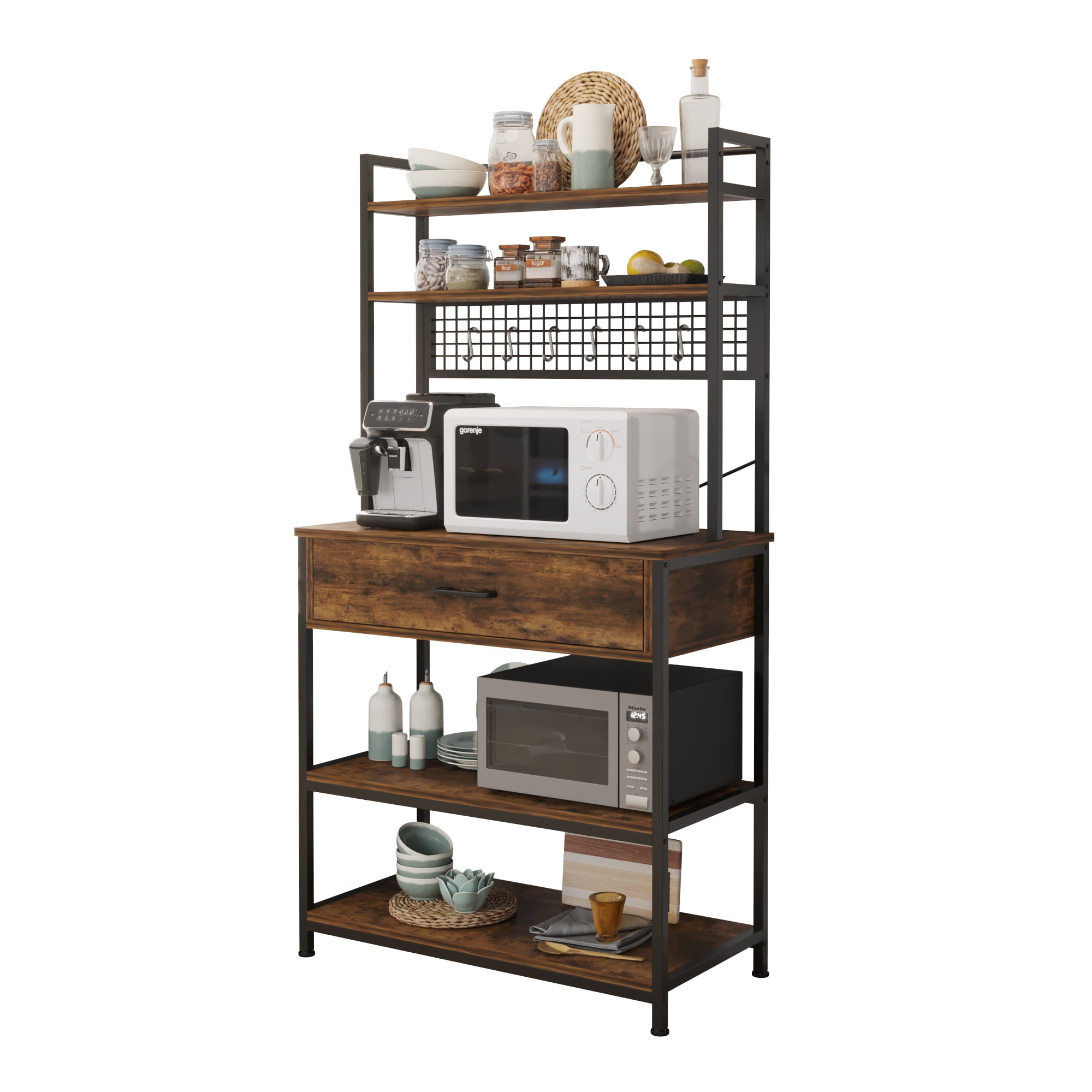 Zimtown 5 Tiers Bakers Rack Industrial Kitchen Island with Storage Drawer， Microwave Oven Cart Coffee Bar Stand W/ Shelf and 10 S-Hooks， Rustic Brown Finish