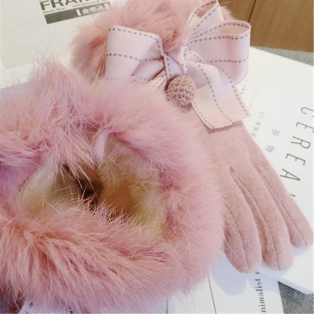 Women Winter Cashmere Rabbit Wrist Thicken Keep Warm Touch Screen Windproof Bow Decoration Elegant Soft Gloves2pcspink