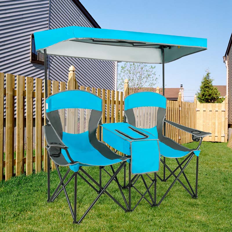 Double Sunshade Camping Canopy Chair with Mini Table, Cup Holder, Portable Folding Beach Chair with Canopy