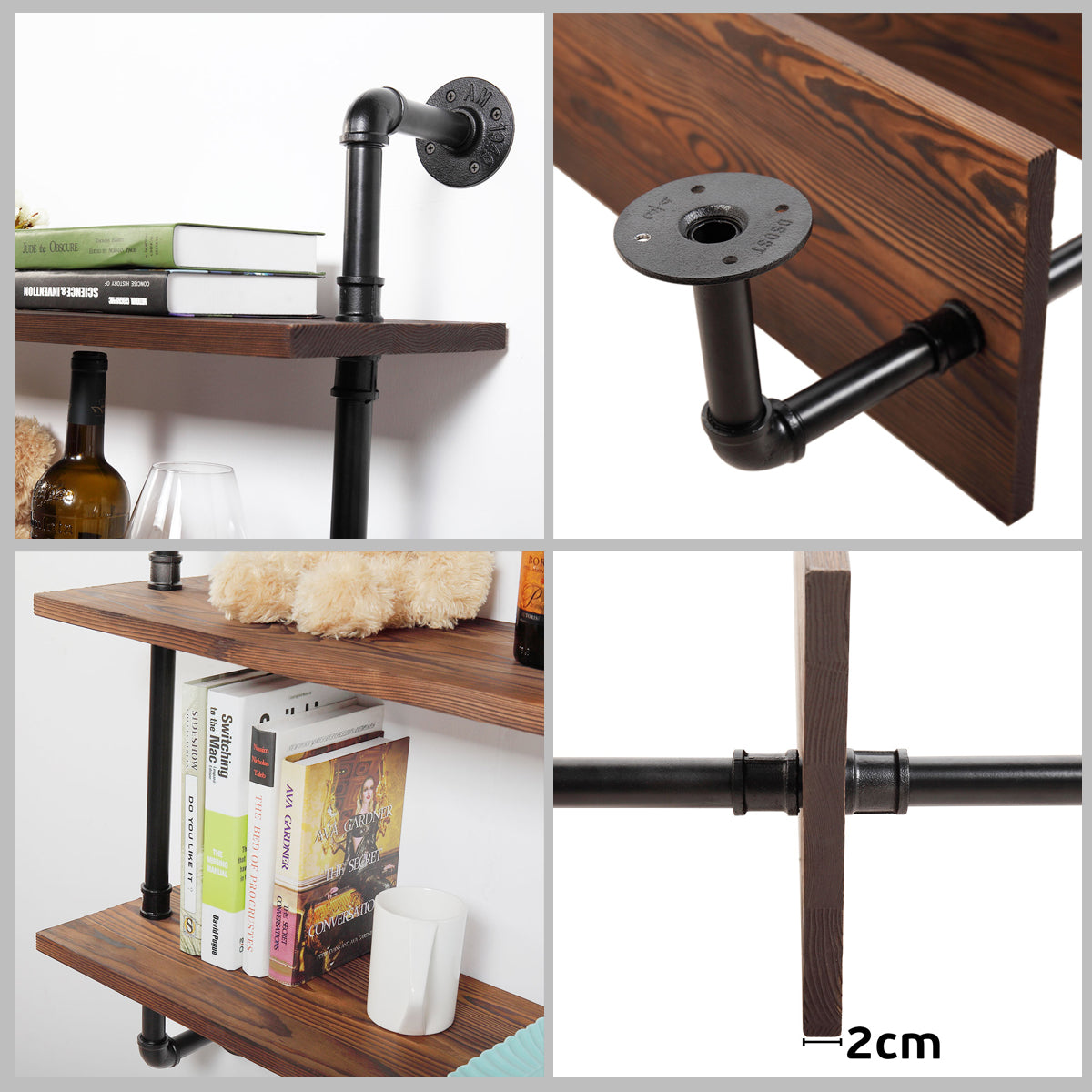 JAXPETY Industrial Floating Shelf 2-Tier Wall Mounted Pipe Shelves Rustic Wood Shelf Metal Bracket Storage Space Display Bookshelf for Bedroom, Living Room, Office